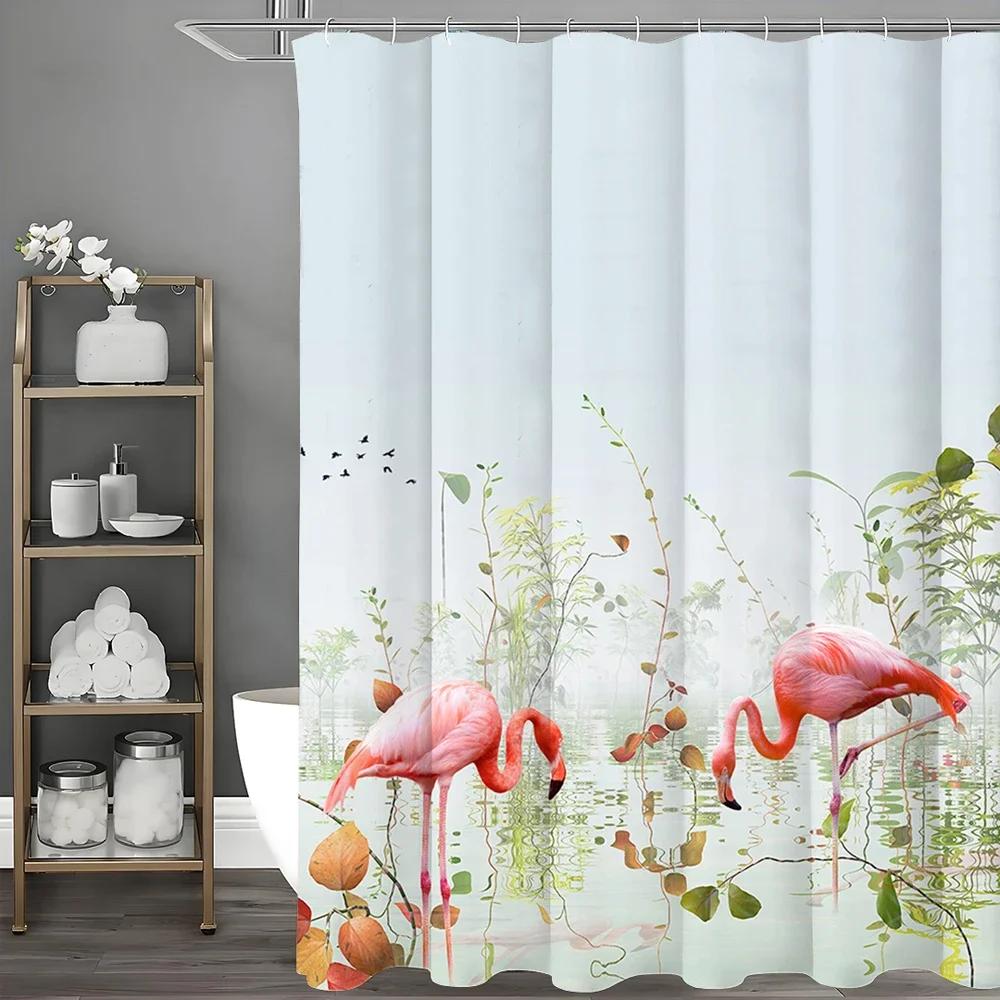 Flamingo Lake Floral Shower Curtain, Bathroom Decorative Shower Curtain, Waterproof Shower Curtain With Hooks