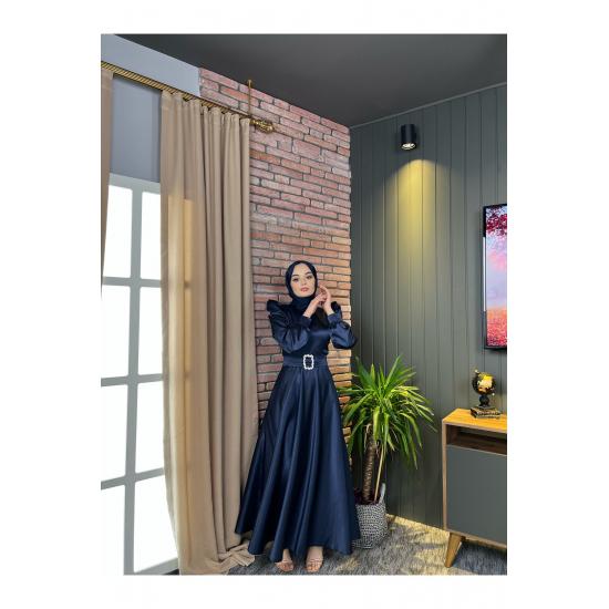 Women's Satin Hijab Evening Dress with Stone Buckle Waist and Flared Skirt