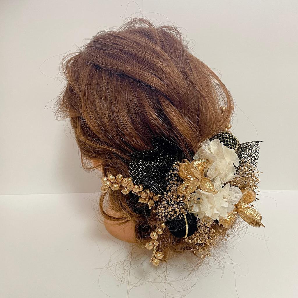 Dried Flower Head Black and Tamakanzashi Japanese Hair Graduation Kimono Dress, Gold, Hairpin, Accessory, Coming-of-Age Ceremony, Ceremony, Furisode,