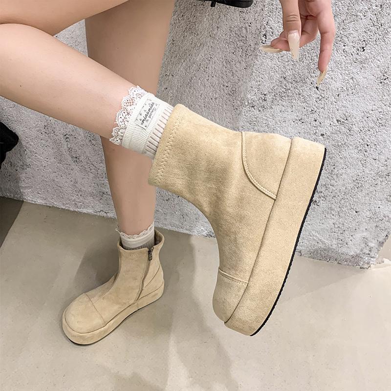 Fashion Platform Short Thigh Boots Women's Fashion Round Toe Spliced Suede Side Zipper Non-Slip and Anti-Slip Flats