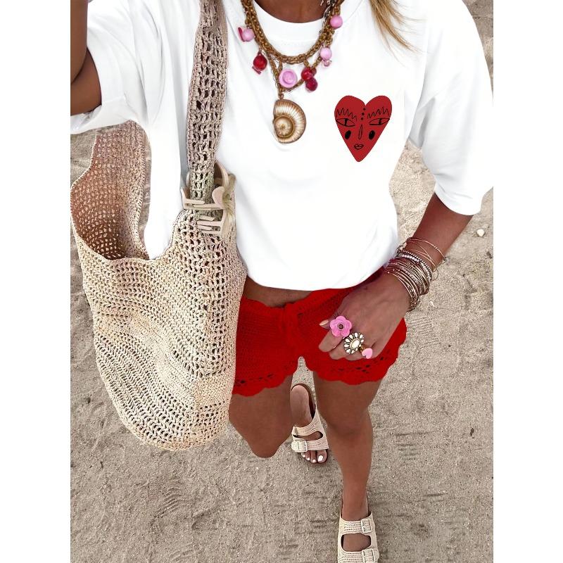European sizes Fashionable Women'S Round Neck Heart Print Casual Summer T-Shirt | Cool Short Sleeves, Geometric Pattern, All-Season Comfort