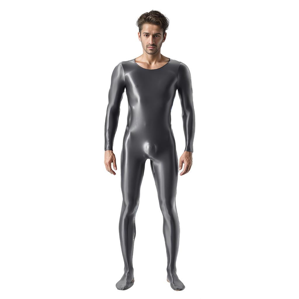Mens Oil Glossy Bodystocking Full Bodysuit Long Sleeve Unitard Jumpsuits Stretchy Sheer Silky Romper Club Party Workout Onesie
