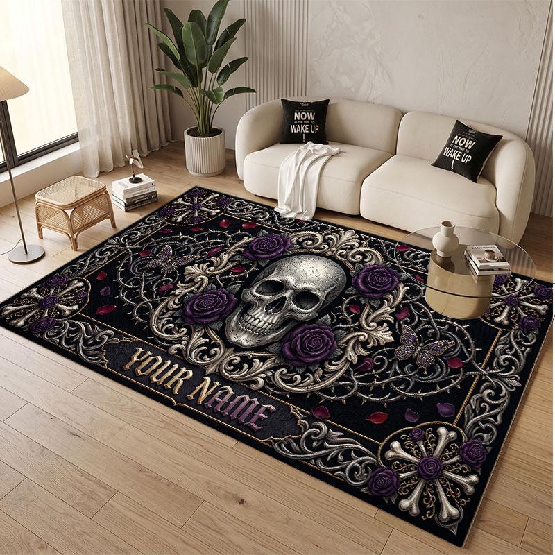 Tappeto Morbido in Velluto di Cristallo Tema Gotico Teschio Stampa Personalizzata Nome e Testo Tappeto Antiscivolo per Camera da Letto Soggiorno