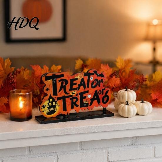 Festive Holiday Desktop Signs Halloween Wooden Tabletop Ornaments Freestanding Solid Wood Letter Signs Decorative Table Centerpiece Thickened