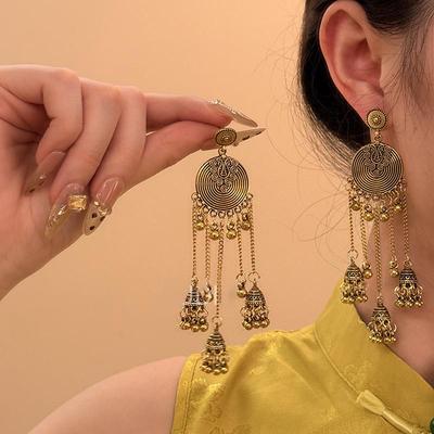 Exaggerated Round Fringed Stud Earrings Retro Ethnic Style Personalized Earrings New Chinese Fashion Guochao Earrings
