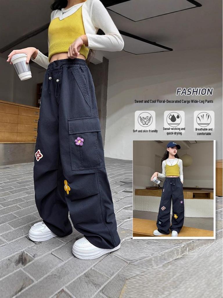 Girls' Autumn Casual Wide-Leg Cargo Pants with Korean Street Style and Trendy Embroidered Design