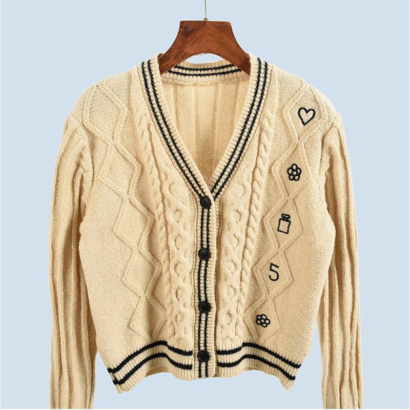 Retro College Style V-neck Sweater Coat Long Sleeves Loose Embroider Knitting Tops 2025 Fall and Winter Girls' Clothing
