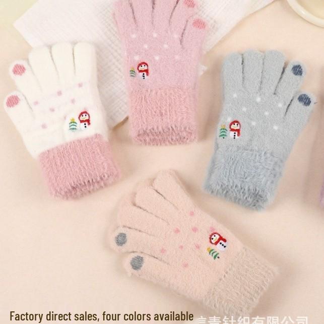 Korean Style Christmas Embroidered Warm Wool Touchscreen Gloves for Men and Women