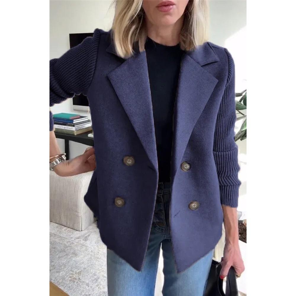 Damska jednokolorowa, długa, swobodna, wełniana kurtka garniturowa z kołnierzykiem