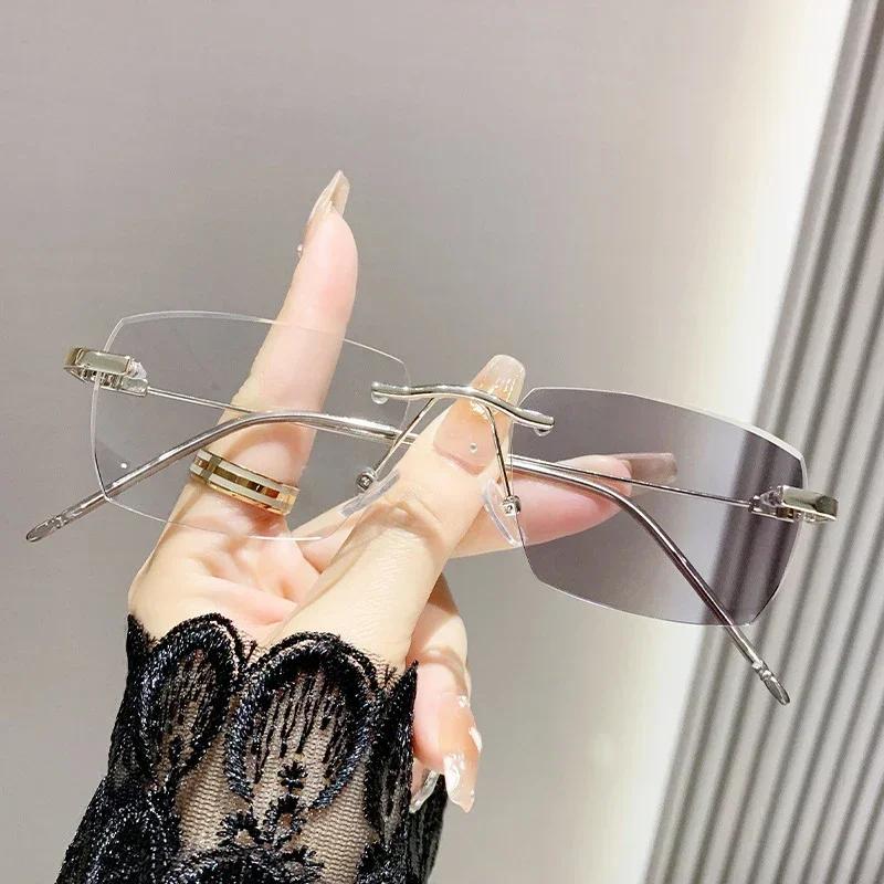 Men Women Rimless Pochromic Glasses Fashion Square Anti-blue Myopia Eyewear New Trend Ladies Color Changing Eyeglasses