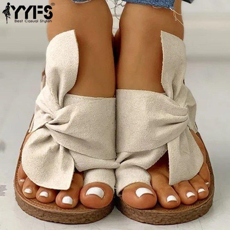 Slippers, New Summer Sandals, Large Women's Flat Shoes With Bow Over The Border