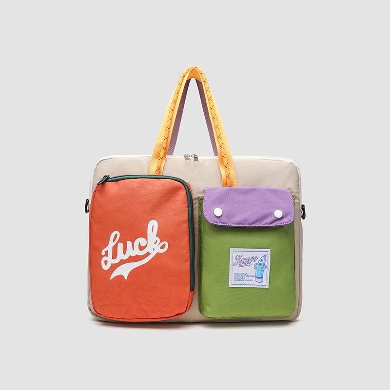Women's Niche Color Blocked Cartoon Pattern Computer Bag, Portable One Shoulder Handbag, University Style Daily Commuting Bag