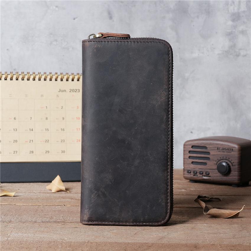 Crazy Horse Leather Men's and Women's Long Wallet, Two Fold Genuine Leather, Pure Top Layer Cowhide, Retro Wallet
