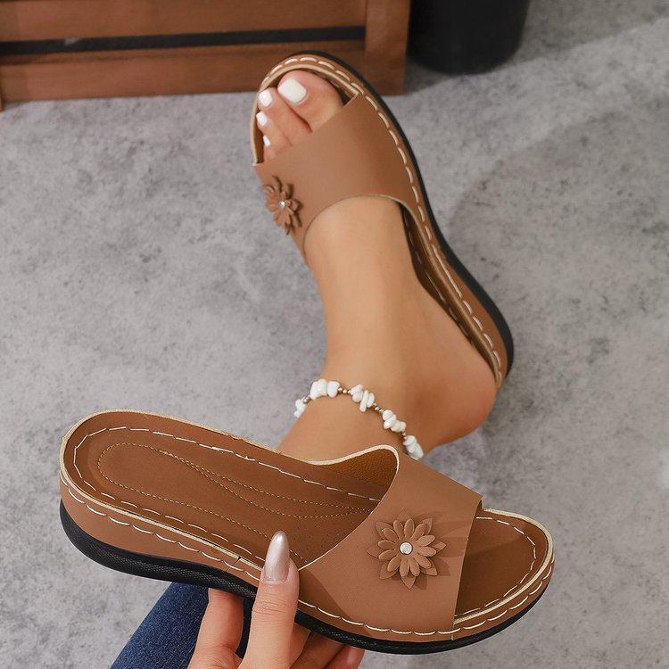 Leichte Keilslipper Damen Sommer Blumen-Dekor Dicke Sohle Sandalen Frau Übergröße 36-43 Plateau Strand Flip-Flops