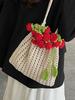 Knitted Rose Flower Bucket Bag With Drawstring Closure For Casual Daily Use