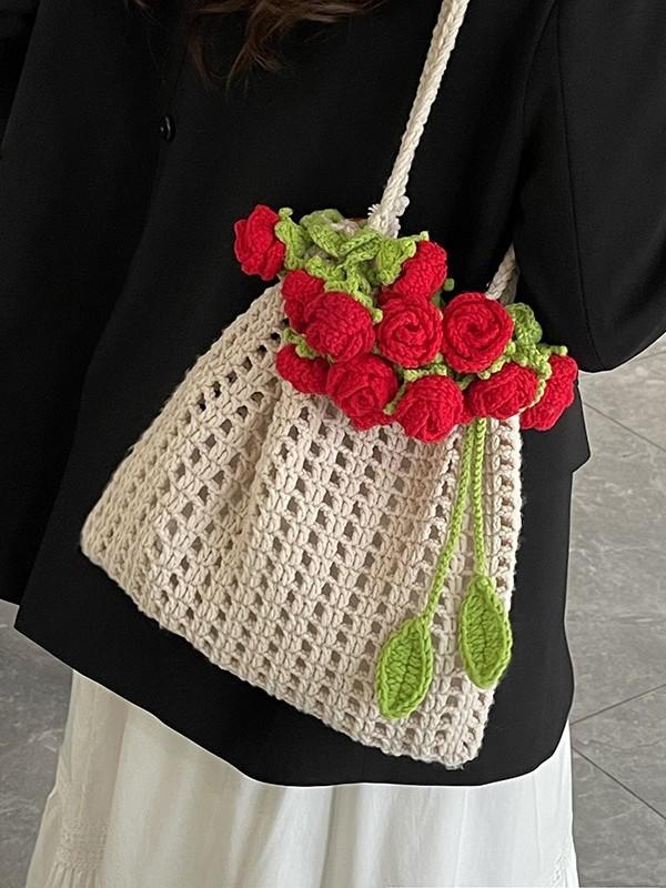 Knitted Rose Flower Bucket Bag With Drawstring Closure For Casual Daily Use