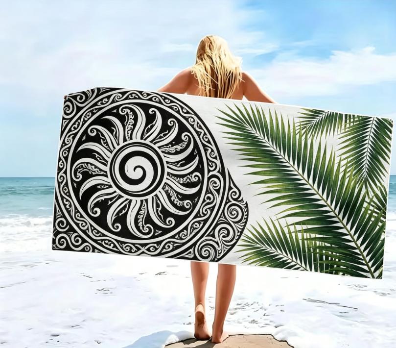 Maori Tribal Feather Beach Towel, Microfiber Sand Free Quick Dry Black & White Polynesian Print Soft Absorbent for Summer & Pool