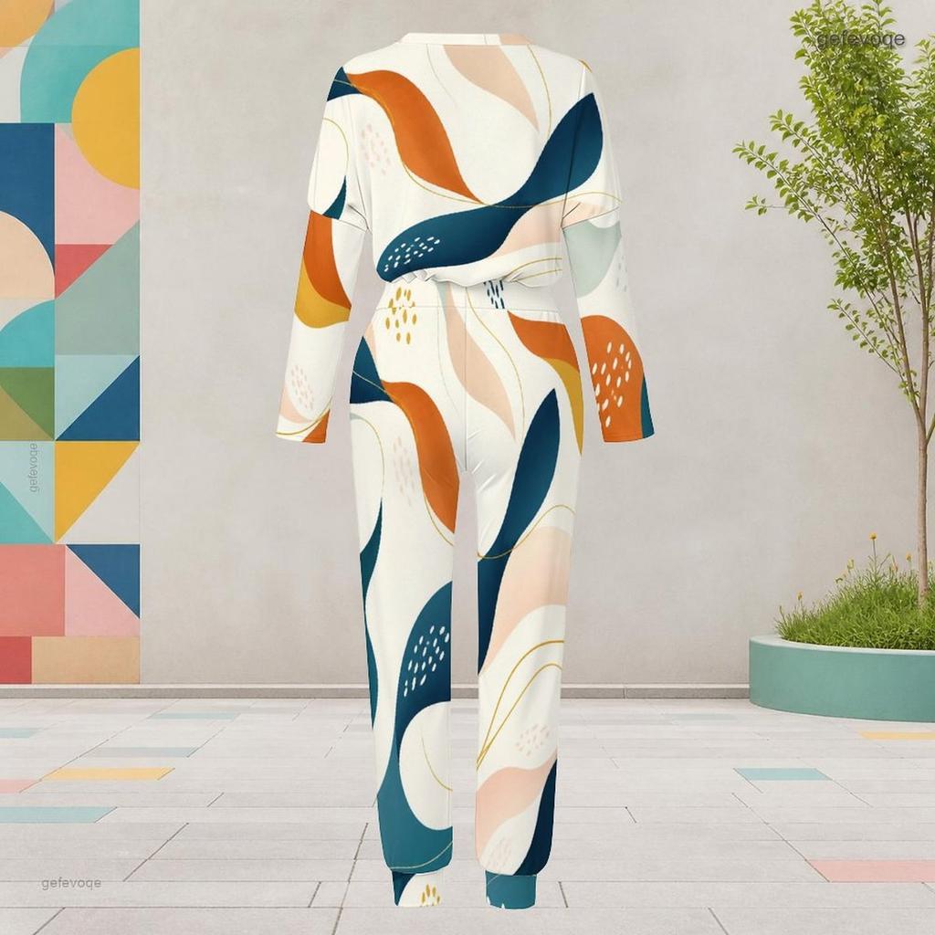 Women Plus Size Round Neck Long Sleeve Printed Cuffed Top And Pants Set With Pockets