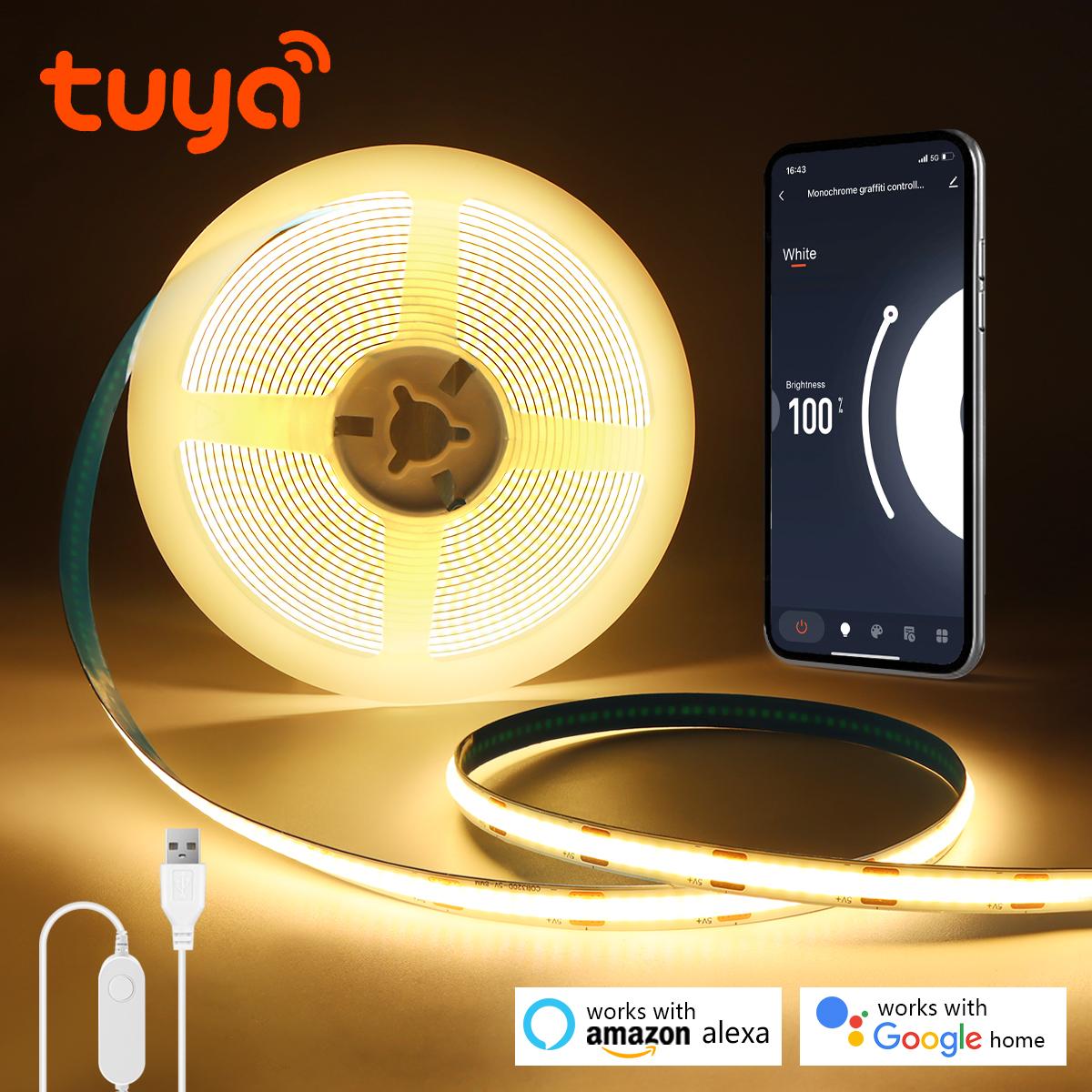 

Светодиодная лента Tuya Smart Life WiFi USB 5 В COB 320 светодиодов/м с дистанционным управлением, светодиодные ночные светильники с регулируемой яркостью работают с Alexa Google Home 1m