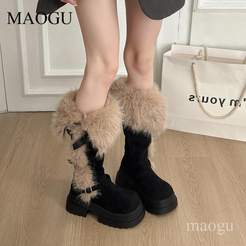 Faux Fur Suede Platform Winter Snow Boots Buckle Straps Warm Fluffy Non-Slip Knee-High Long Boots Fashion Female Footwear Size35