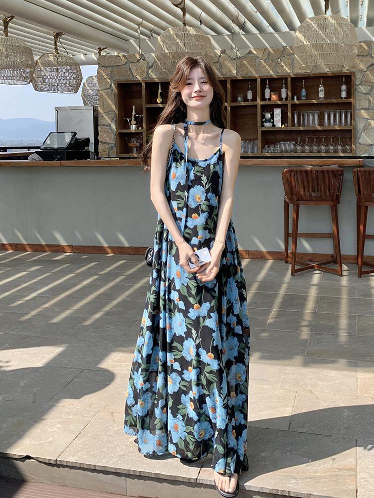 French Blue Floral Strappy Maxi Dress - Summer 2026 Women's Unique Design