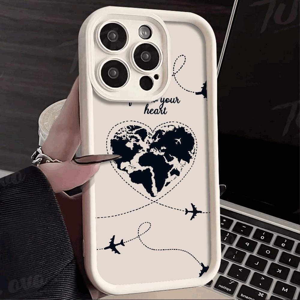 Heart-shaped World Map with Planes Shockproof Phone Case for Xiaomi Redmi Note 14 13 12 11 10 9 8 7 Pro Anti-Slip Soft TPU Cover