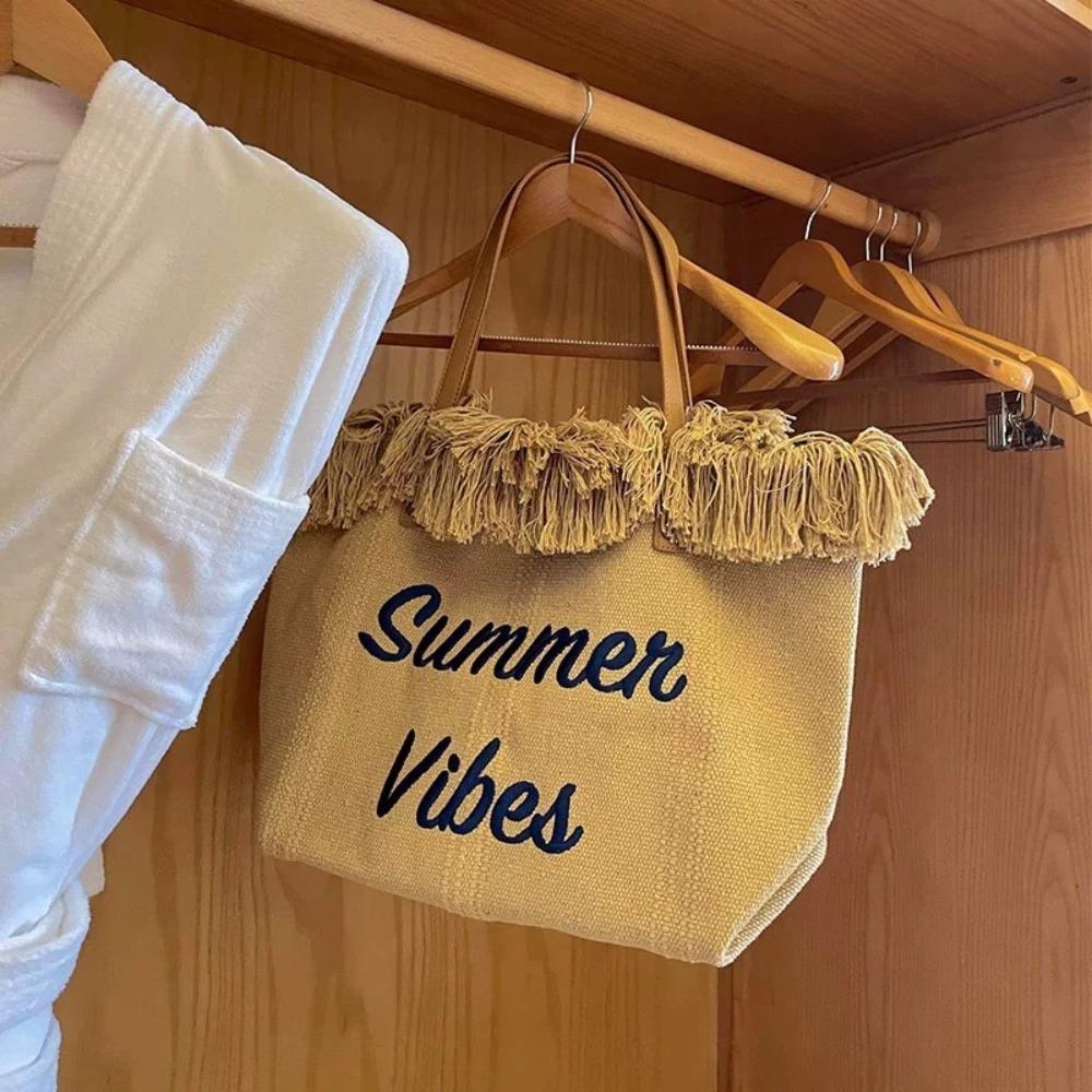 Large Capacity Bag Canvas Tote Bag Embroidered Letter Tote Bag Handbag Women's Bag Woven Beach Bag Shoulder Bag