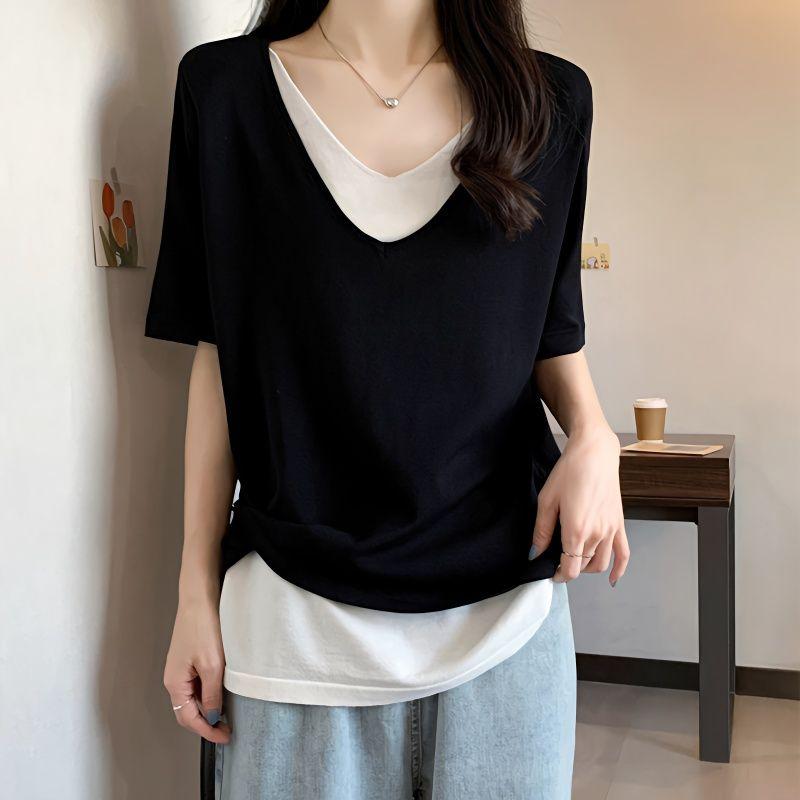 

Простота Повседневный Сексуальный Свободный Элегантный Футболки Модные Пуловеры Однотонный Лоскутный Короткий Рукав V-образный вырез Женская Одежда 2023 L чёрный