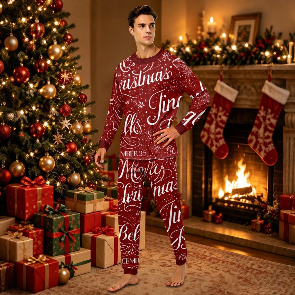 Christmas Print Long Sleeve and Pants Family Matching Loungewear Set for Adults and Kids