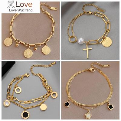 Edelstahl geschichtetes goldenes Anhängerarmband für Frauen Retro Punk Gothic Portrait Münze Kreuz Perlenarmband Schmuck