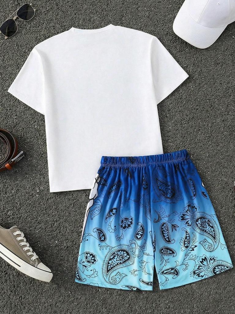 Sada 2 kusů pro starší chlapce: Cool, trendy tričko s grafickým potiskem ve streetwear stylu, s kulatým výstřihem a krátkým rukávem, a šortky s přechodovým potiskem (Jaro léto).