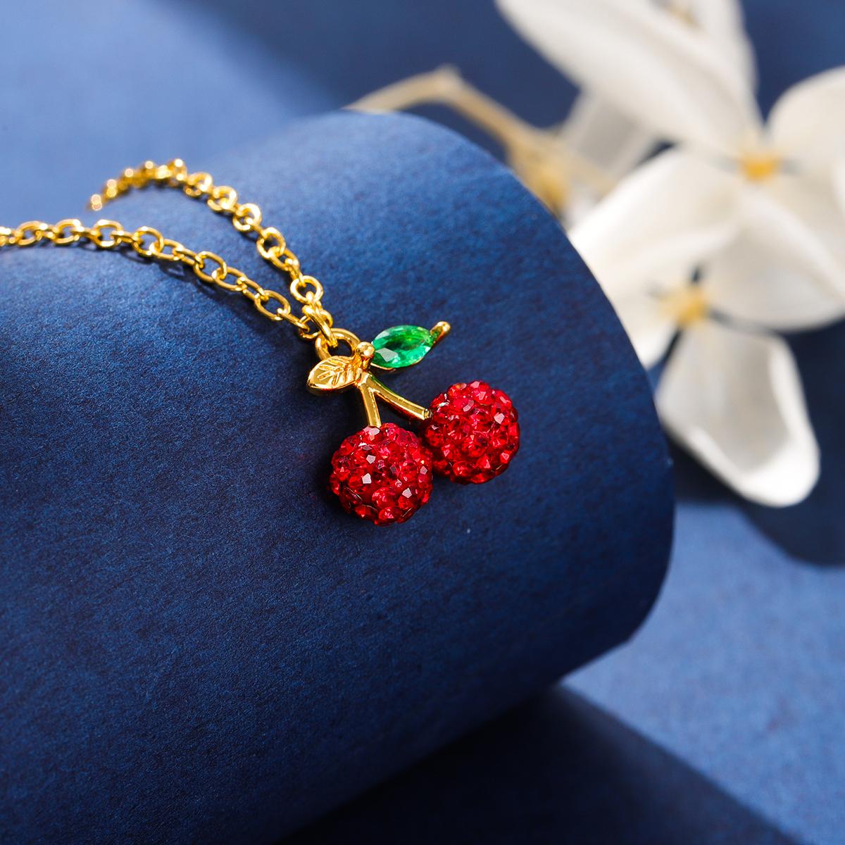 

New Flash Full Of Crystal Red Small Cherry 925 Sterling Silver Jewelry Temperament Fruit Clavicle Chain Pendant Necklaces XL152