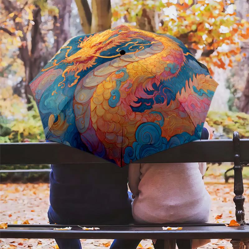 Golden Dragon  Pattern, Automatic Folding Umbrella, Portable and Foldable Design, 8 Ribs, a Christmas or Birthday Gift.