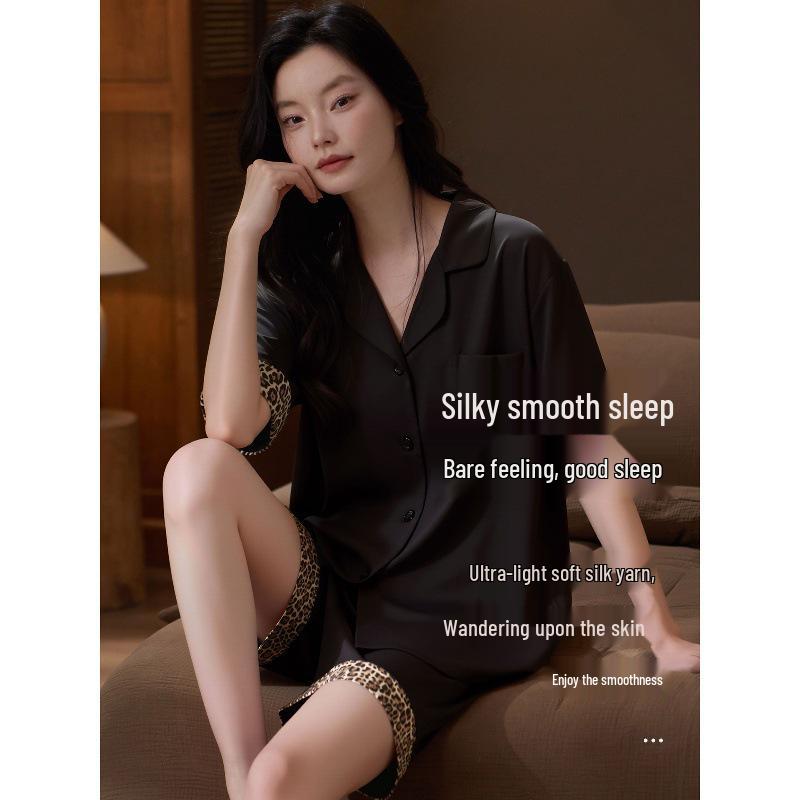 Women's Summer Leopard Print Silk Pajama Set: Short Sleeve & Shorts