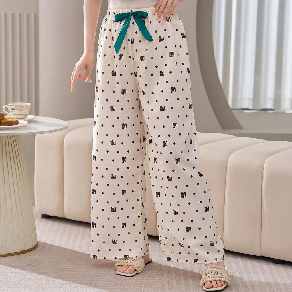 Cotton Silk Family Spring and Autumn Women's Cotton Silk Pajama Pants Wide-leg Pants Thin Artificial Cotton Can Be Worn Outside Casual Home Pants