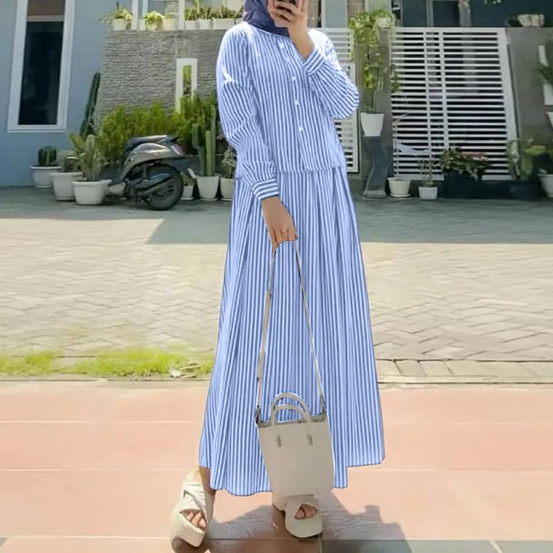 ZANZEA Women Casual Long Sleeve Blouse and Long Skirts Stripe Print Two Piece Suit Sets