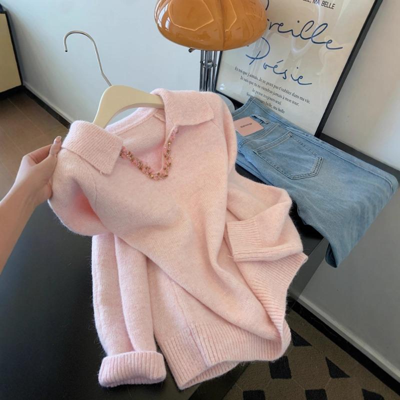 Pink Thickened Knitted Sweater for Women in Autumn and Winter High-end Feel Can Be Worn Outside and Worn Inside Loose and Lazy Top for Small People