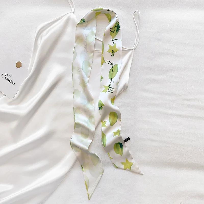 Long Skinny Hair Scarf For Women Fashion Fruit Print Kerchief Cute Headband Silk Satin Neck Scarfs 7*130cm Band Bag Scarves
