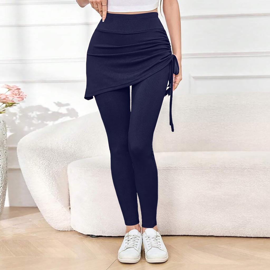 High Waist Yoga Leggings for Women with Faux Two Piece Design Tummy Control Stretchy Workout Pants with Drawstring Skirt Overlay
