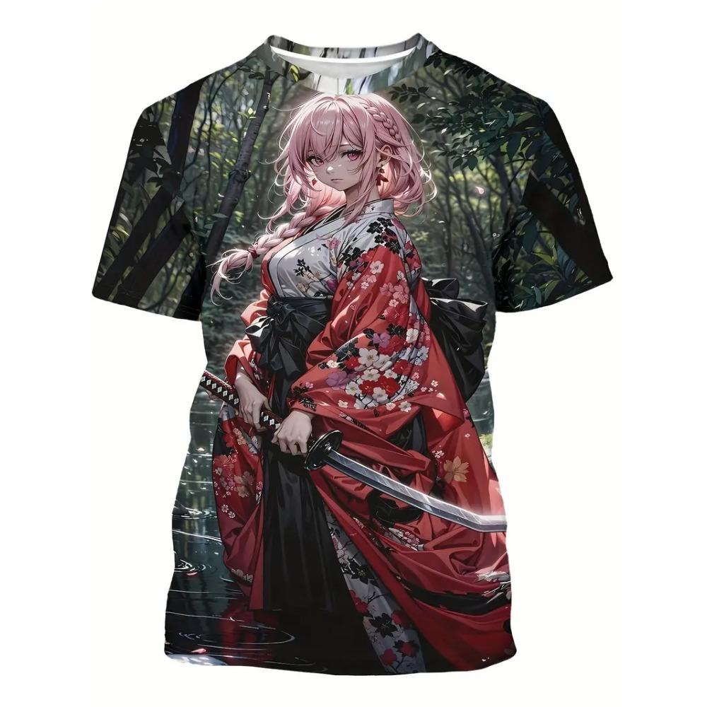 2026 Men's Anime Samurai Girl 3D Printed Fashion T-Shirt for Adults-Street Trend Style Short-Sleeved