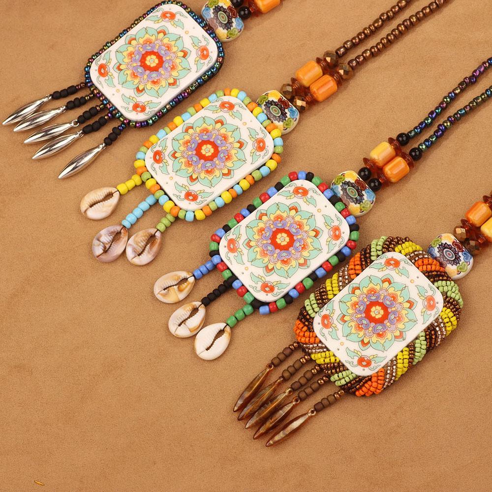 Bohemian Ethnic Long Sweater Chain Necklace for Women, Handmade Woven Retro Tassel Pendant