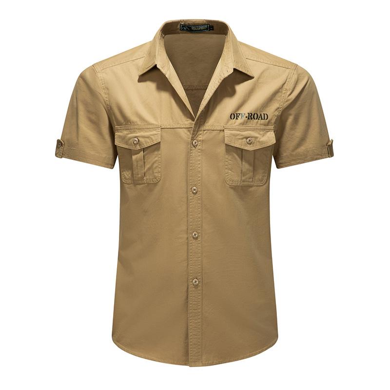 Casual Work Shirt Mens Solid Color Turn Down Collar Double Pocket Short Sleeve Casual Work Shirt