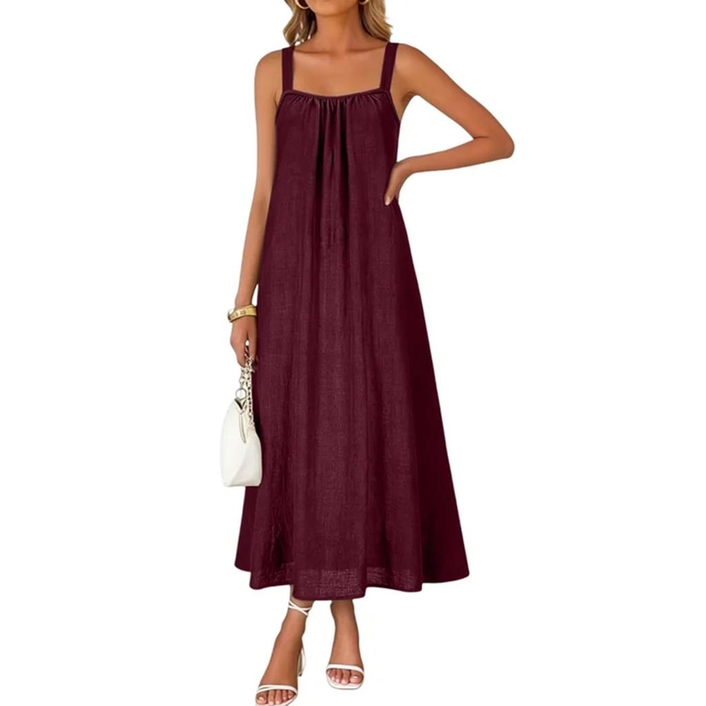 Women's Color Casual Camisole Regular Pleated Dress Long Skirt