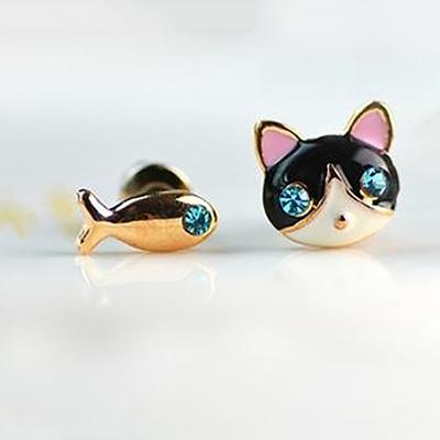 1 Paar koreanische Damen-Ohrstecker, niedliche Katze, Fisch, Strass, Modeschmuck