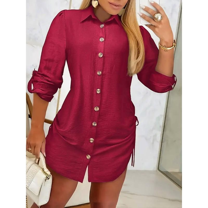 JKASHDK Damenmode Frühling Herbst Einfarbig Druck Langarm POLO Hals Lose Taille Casual Kleider