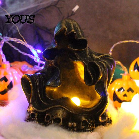 Creative Gift for Halloween Lovers Wizard Ghost LED Night Light with Embossed Skull Base, Resin Glowing Figurine, Environmentally Friendly Craft