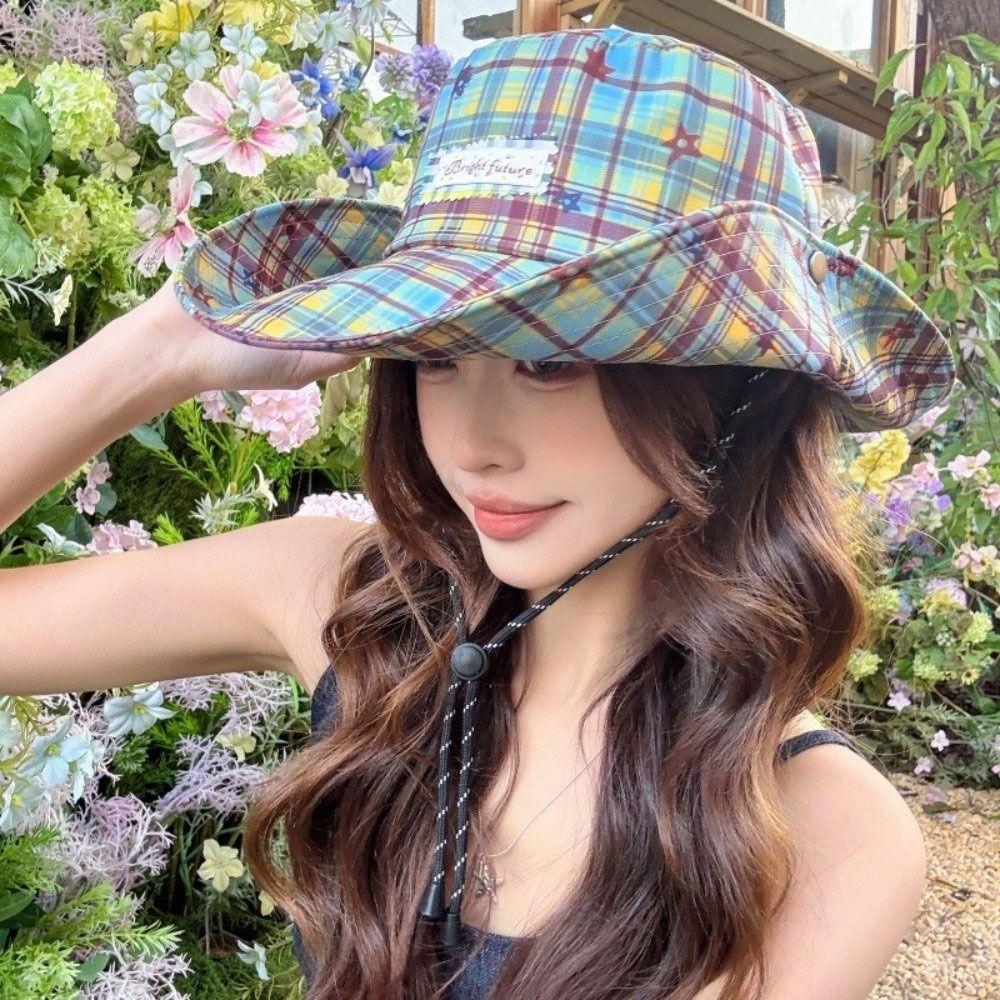 Sun Protection Plaid Fisherman Hat Wide Brim Sunscreen Bucket Hat Casual Women Sun Hat  Travel