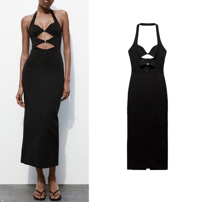 Spring New Fashion Wind Hot Sexy Buckle Decoration Opening Design Hanging Collar Dress 3152366