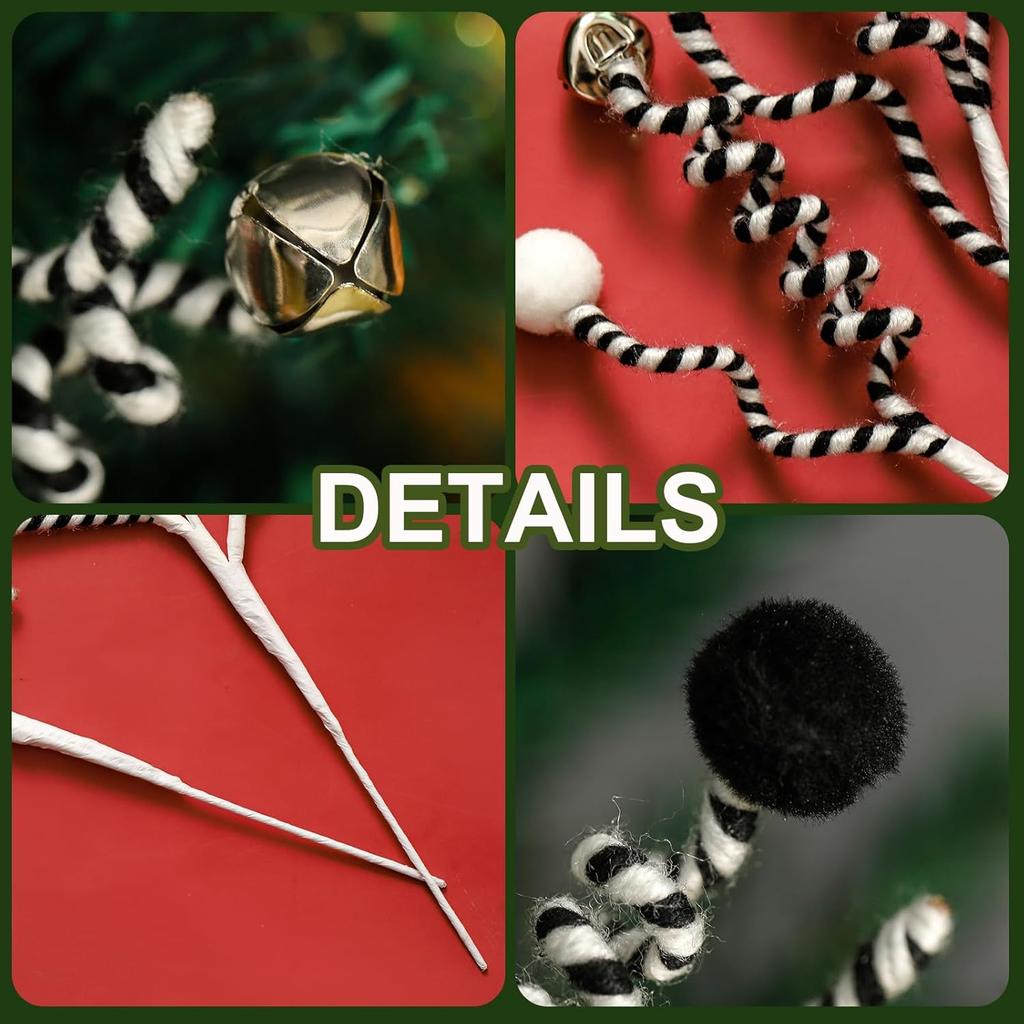 4PC Set Black/White Christmas Tree Decorations Picks Woolen Candy Curly Pick, Christmas Bells Picks Christmas Tree Decorations Home Office Vase Party