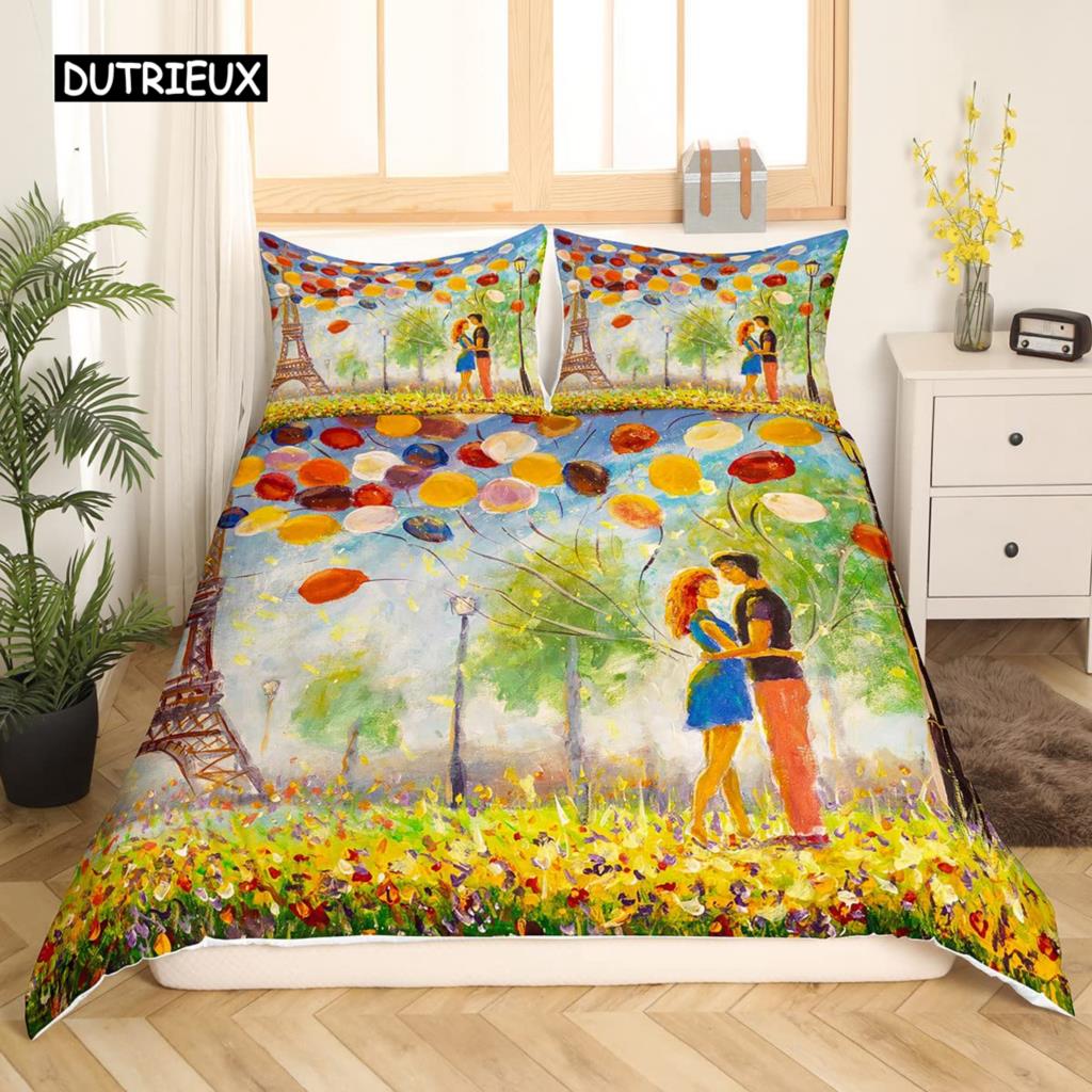 Valentine Day King Queen Duvet Cover Paris Eiffel Tower Bedding Set Pink Watercolor Tulips Flowers Balloon Polyester Quilt Cover